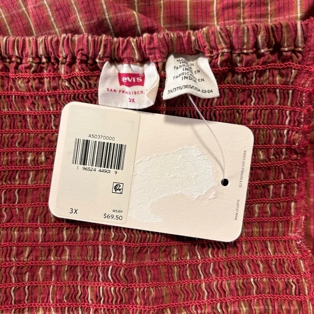 LEVI'S Trendy Plus Size Devin Cotton Red Plaid Ruched Balloon-Sleeve Top NWT - Picture 6 of 6